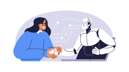 AI and human handshake. Cooperation and partnership concept. Artificial intelligence and person shaking hands for trust, deal in business. Flat vector illustration isolated on white background