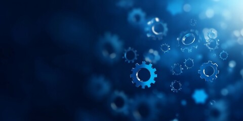 Digital gears floating in blue background create sense of innovation and technology. abstract design emphasizes connectivity and progress in modern world