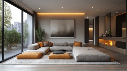 Modern living room with cozy furniture and ambient lighting.