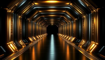 Naklejka premium Golden and Black Futuristic Corridor with Glowing Lights
