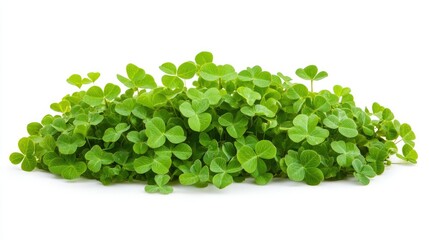 Obraz premium A vibrant patch of fresh green clover isolated on a white background, showcasing the beauty and vitality of nature in a simple composition.