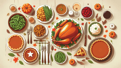 A top-down view of a Thanksgiving feast spread out on a table. The table is packed with a roasted turkey, stuffing, mashed potatoes, green beans, and pumpkin pie slices 