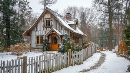 A rustic cottage with light gray wooden walls, a steep roof, and small rounded windows. The front yard features a wooden fence and a snow-covered stone path leading to the door.