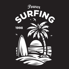 Vintage illustration of a surfboard logo and a coconut tree on the beach