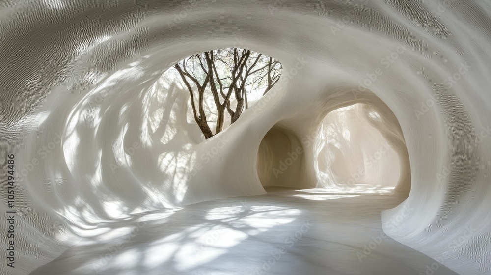 Poster a white abstract space with rough surfaces and curved walls, illuminated by soft light casting natur
