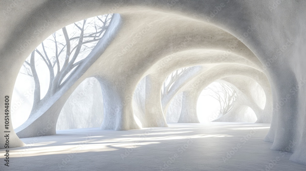 Aufkleber a white grunge-textured room with abstract curves and soft light forming tree-like shadows on the wa
