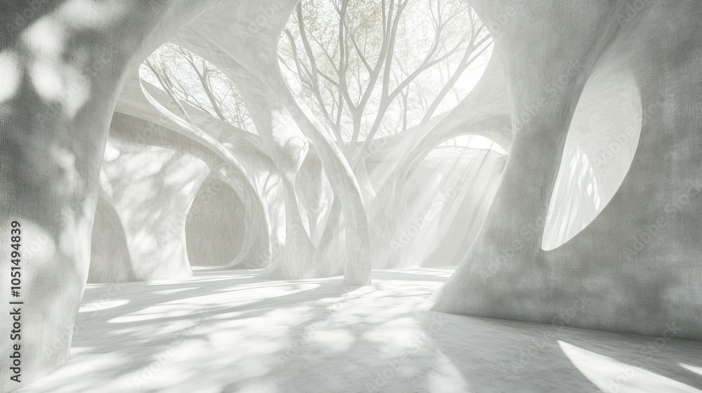 Aufkleber a white grunge-textured room with abstract curves and soft light forming tree-like shadows on the wa