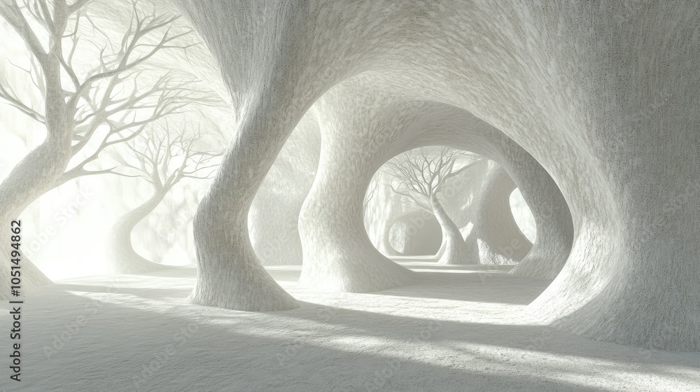Aufkleber a white grunge-textured room with abstract curves and soft light forming tree-like shadows on the wa