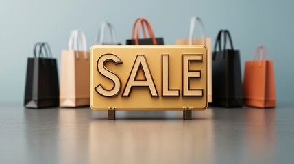 Golden "SALE" sign with Black Friday shopping bags, upscale background, 3D illustration., copy space for text , High-resolution image, generative ai