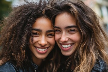 Female lovers smiling and embracing each other, Generative AI