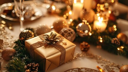 A gold-wrapped gift box sits on a beautifully decorated Christmas table with candles, ornaments and greenery.