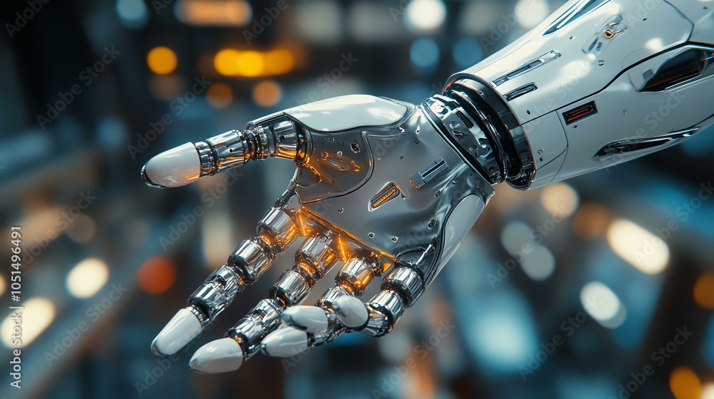 Poster a close-up view of a futuristic robotic hand showcasing intricate details and metallic finish, symbo