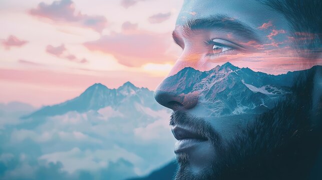 A thoughtful individual with a mountain landscape overlaid on their face.