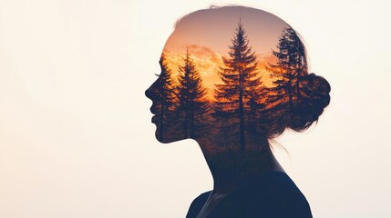 Silhouette of a woman with a forest landscape merged into her profile.