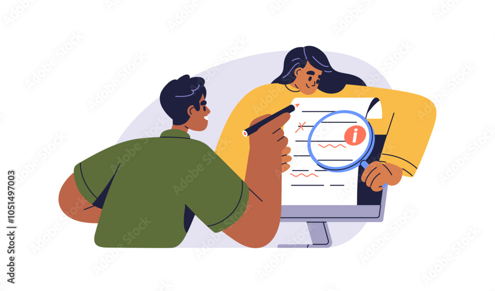 Aufkleber Document review and grammar check. Professional editors searching, looking for spelling mistakes, finding errors, correcting, proofreading text. Flat vector illustration isolated on white background