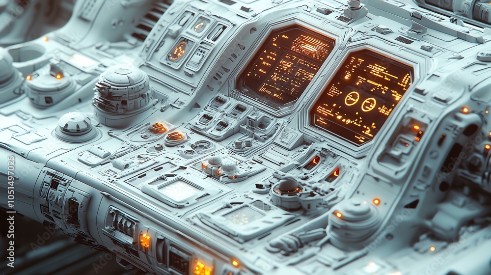 Poster detailed view of a futuristic control panel with illuminated screens and buttons, showcasing advance