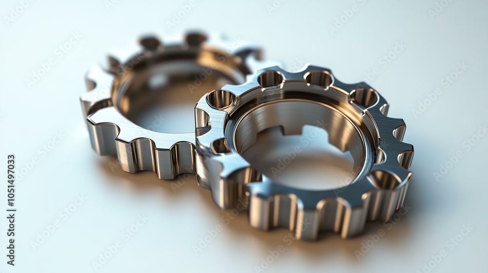 Poster close-up view of two metallic gears, showcasing intricate design and shiny surface. ideal for illust