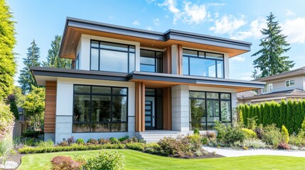 A stylish house with cantilevered sections on each floor, large windows on all sides.