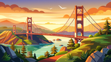 Golden Gate Bridge panorama, San Francisco California, sunset light on cloudy sky