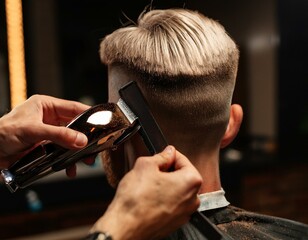 Close-up of hands using hair clippers to trim short, dark hair, with precise attention to detail in a modern salon setting.
