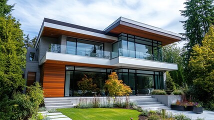 A two-story contemporary house with an asymmetrical design, showcasing large, tinted windows and an expansive balcony. The exterior features a striking contrast between polished wood.