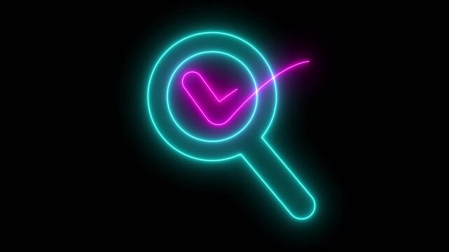 Glowing cyan neon line search icon with pink check mark icon isolated on black background. Search, focus, zoom, business symbol ,Magnifying glass search icon check mark  concept
