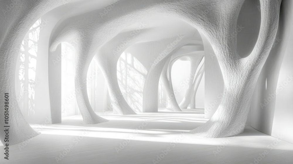 Poster an empty white interior project draft with curved structures, rough textures, and soft light creatin