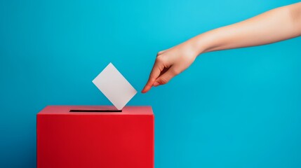 Casting Your Vote: A hand reaches towards a red ballot box, about to deposit a white ballot, symbolizing the act of casting a vote.