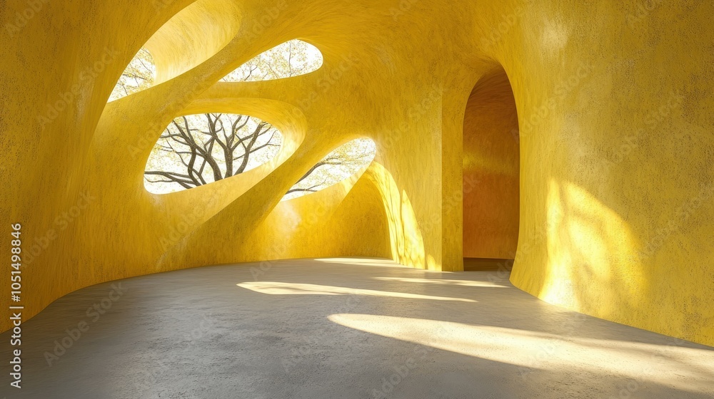 Poster an empty yellow concrete room with curved surfaces and rough textures, light effects creating shadow