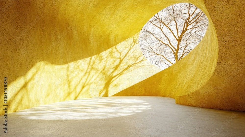 Poster an empty yellow concrete room with curved surfaces and rough textures, light effects creating shadow