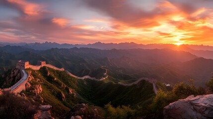 The Great Wall of China at Sunset with Mountain Range