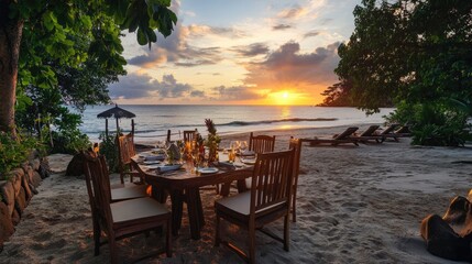 Fototapeta premium Beachside dining arrangement with rustic wooden furniture and a stunning sunset view on the horizon