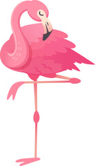Cartoon flamingo balancing gracefully on one leg, showcasing its vibrant pink plumage and elegant posture.