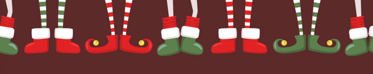Merry Christmas horizontal seamless pattern with cute cartoon elves legs in shoes and boots isolated on brown background. Vector illustration template for greeting card print, poster, banner