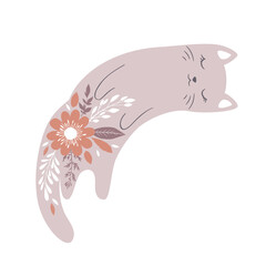 Vector illustration in pastel colors with cute cartoon cat and flowers isolated on white background. Adorable animal design for card or poster print, wallpaper, nursery decoration