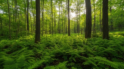 Obraz premium Bright green fern leaves gracefully spread across a forest floor, showcasing the rich textures and vibrant colors of nature