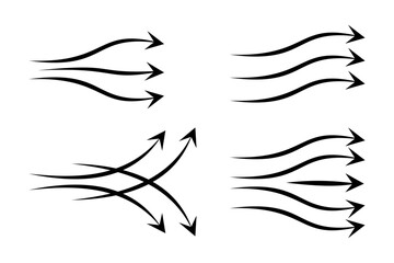 Wind blowing illustration with arrow pattern. Airflow doodle icon. Hand drawing breeze motion. Water flow and ocean wave icon.