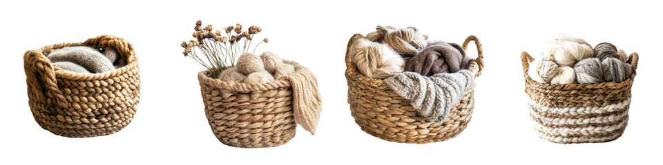 Obraz premium Cozy wicker baskets filled with knitted wool yarn natural materials and textured decorative elements creating a warm and hygge inspired autumn or winter scene