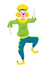 Circus clown. Kids holiday character. Entertainment artist. Jester performer, shapito circus show entertainers in funny costume, wig, makeup and red nose. Performers artist in classic outfit