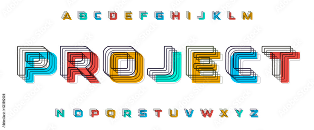 Poster Layered outline alphabet. Blending overlapping lines and multicolor shapes. Geometric experimental font for creative projects, digital art, contemporary branding, innovative posters. Vector typeset.