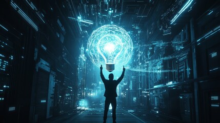 Cyberpunk Innovation: A silhouette of a visionary businessman stands triumphantly beneath a glowing, futuristic lightbulb, symbolizing a groundbreaking idea in a technologically advanced cityscape.  