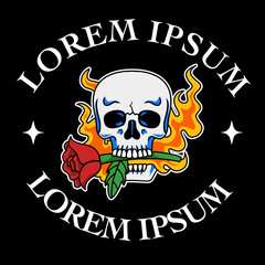 Fototapeta premium Skull with fire and rose tattoo style vector for apparel or clothes