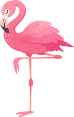 Obraz premium Graceful pink flamingo standing on one leg in tropical setting, adding charm and cuteness to projects with vibrant minimalist design. Perfect for summer fun in greeting cards and social media