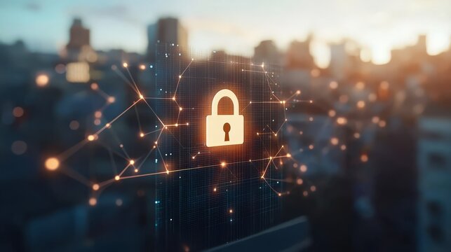 Cybersecurity: A glowing padlock icon, symbolizing digital protection, stands out against a backdrop of a bustling city skyline, a powerful visual representation of the importance of online security.