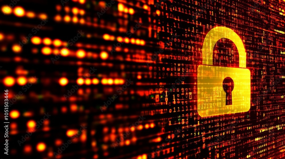 Poster cybersecurity: a golden padlock icon shines brightly against a backdrop of glowing binary code, symb