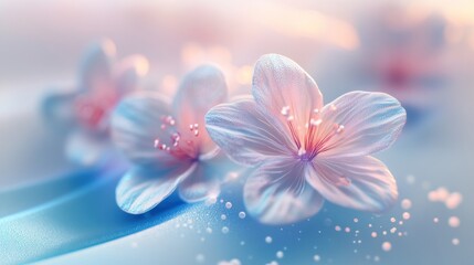 Fototapeta premium Delicate pink flowers with soft petals on a blue background with bokeh.
