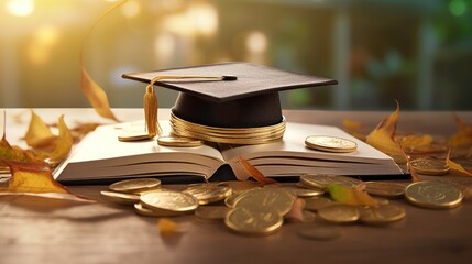 Graduation Cap on Book with Coins