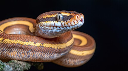Obraz premium Close-up of a coiled snake with yellow and brown markings against a black background.