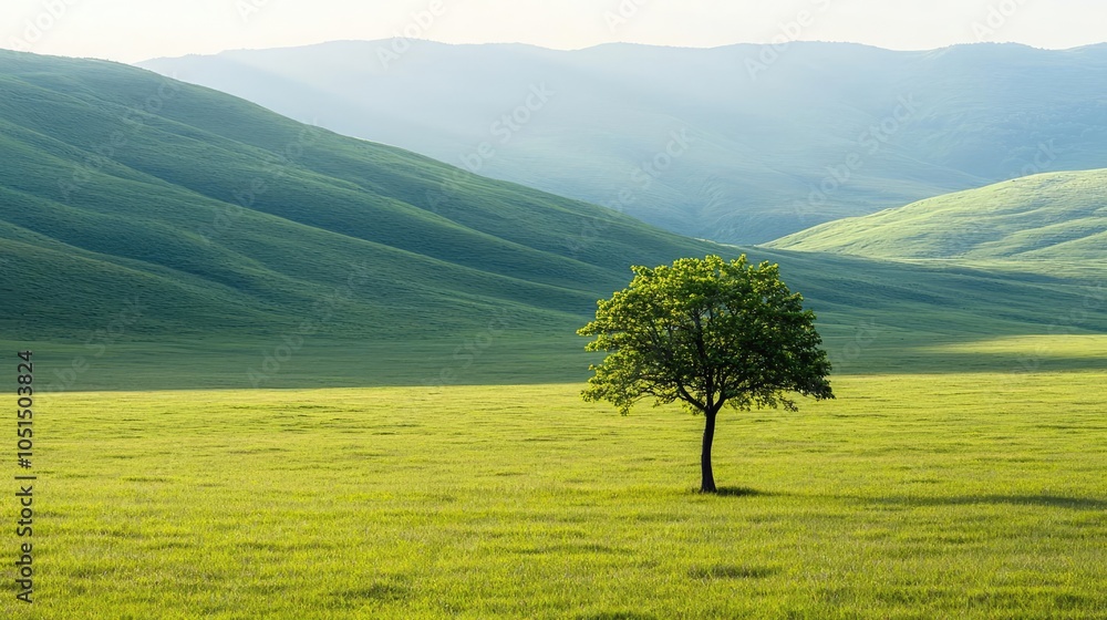 Aufkleber lone tree in a vast green field with rolling hills under bright sunlight.