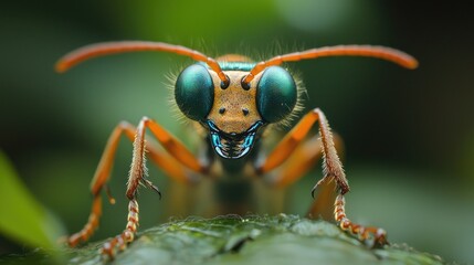 Fototapeta premium Close-up of a wasp with bright green eyes and orange and yellow stripes on a green background.